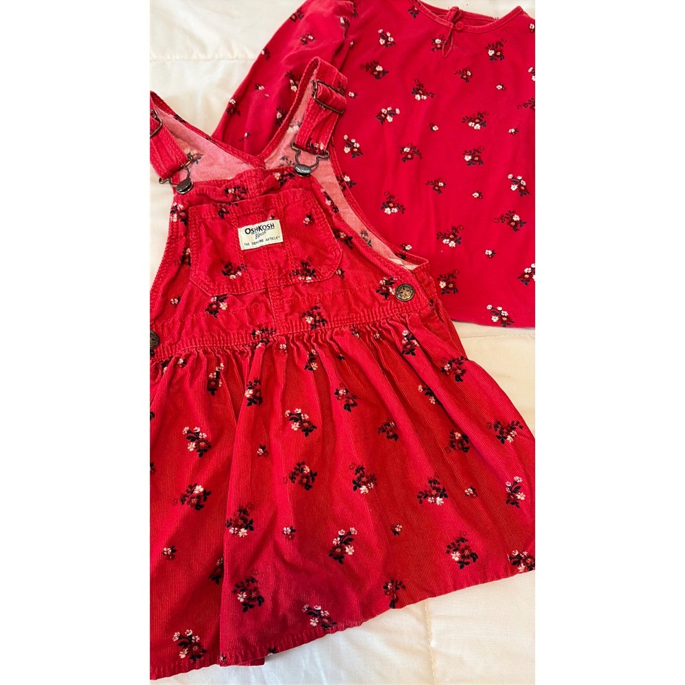 OshKosh Bgosh Girls 3T Red Corduroy Floral Jumper Dress and Shirt Set 2pc